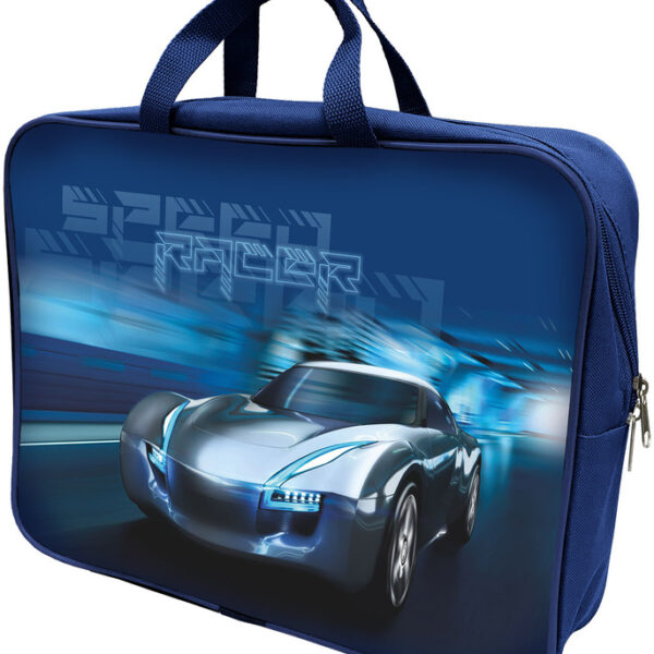 Папка-портфель Lamark Speed Racer/Скоростной гонщик, A4, 1 отделение, 36х27х7 см, на молнии, с ручками, печать по ткани с одной стороны