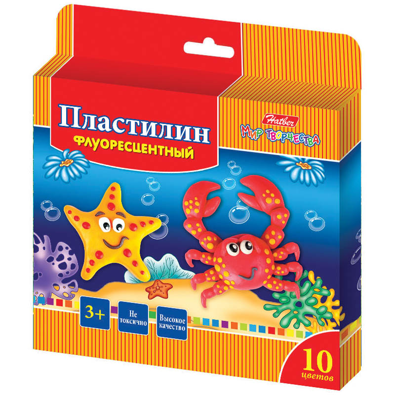 Пластилин "Морская семейка" 10 цветов, 150г, восковой, флуоресц., со стеком, картон, европод.