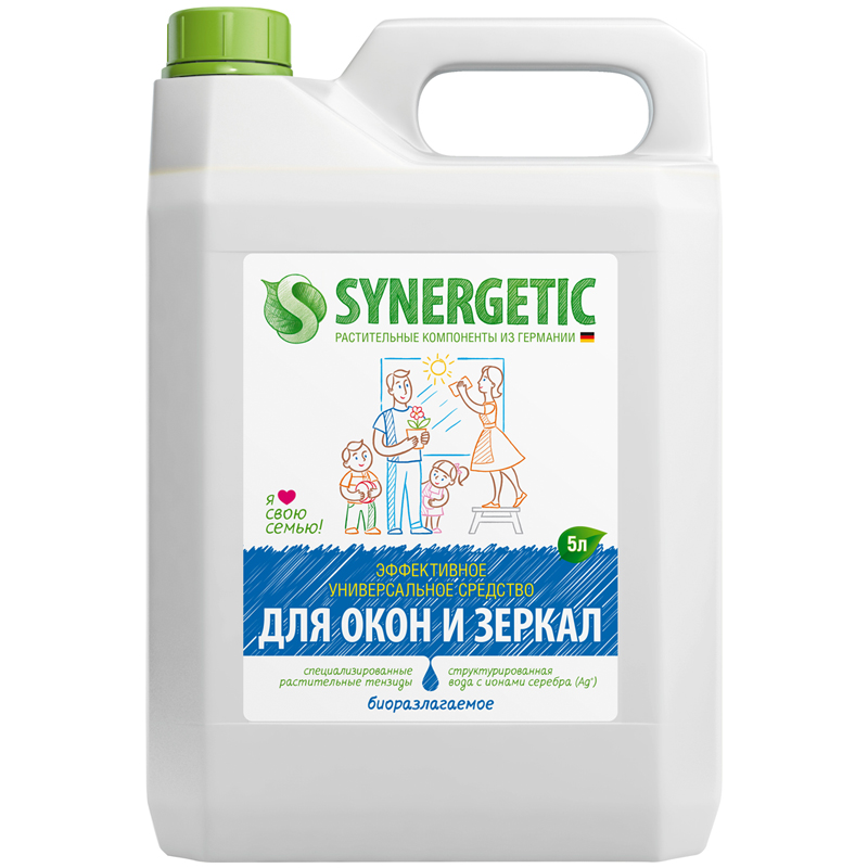 Средство для мытья стекол и зеркал Synergetic, биоразлагаемый, антибактер., канистра, 5л
