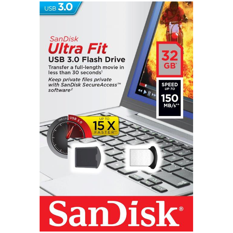 Память SanDisk "Ultra Fit"  32GB, USB 3.0 Flash Drive, хром