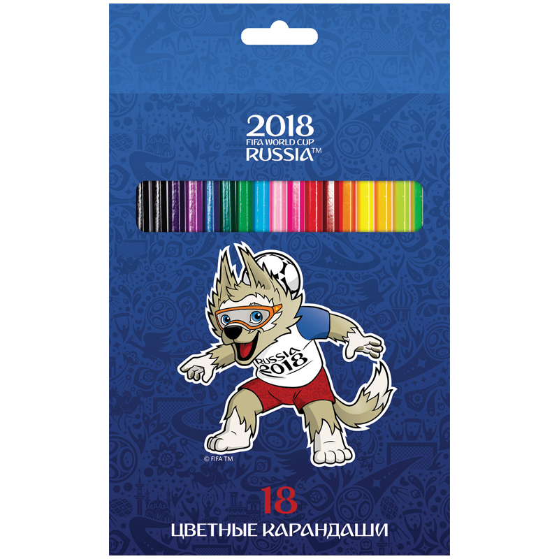 Карандаши цветные Hatber "ЧМ по футболу 2018-Талисман", 18цв., заточен., картон, европодвес