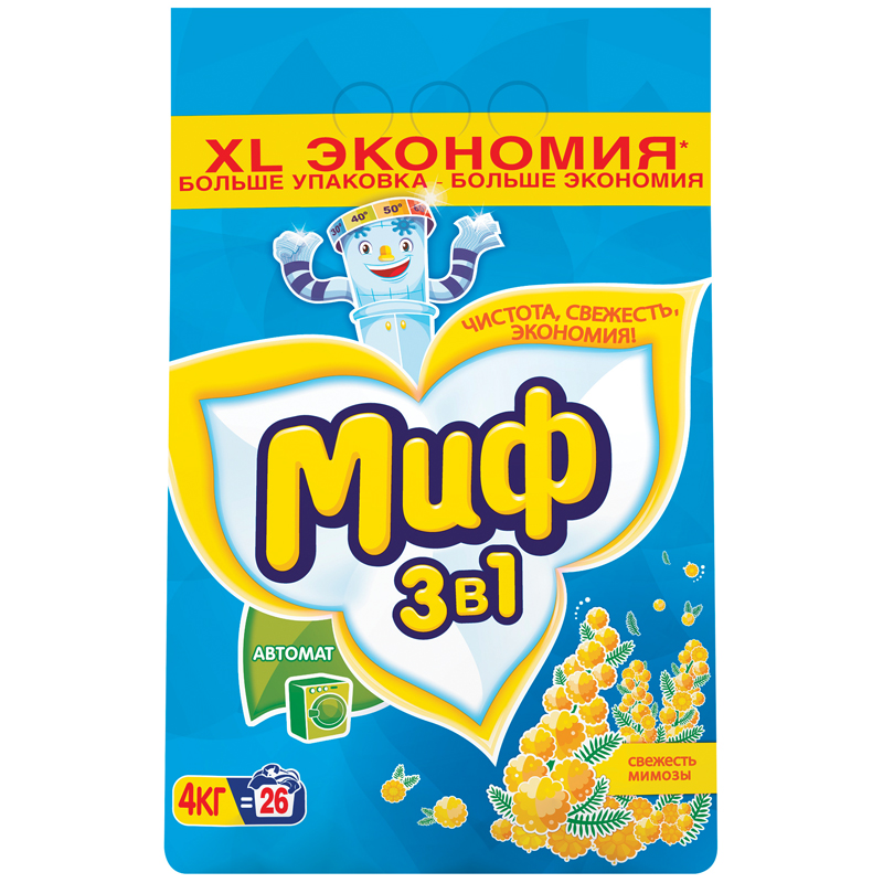 Стиральный порошок для машинной стирки Миф 3в1 "Свежесть мимозы", 4кг
