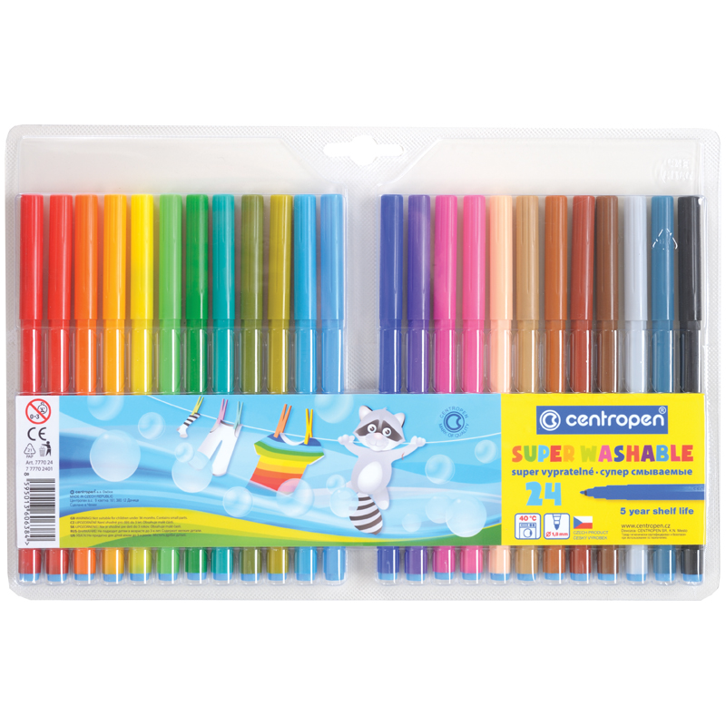 Фломастеры Centropen "Super Washable", 24цв., смываемые, блистер