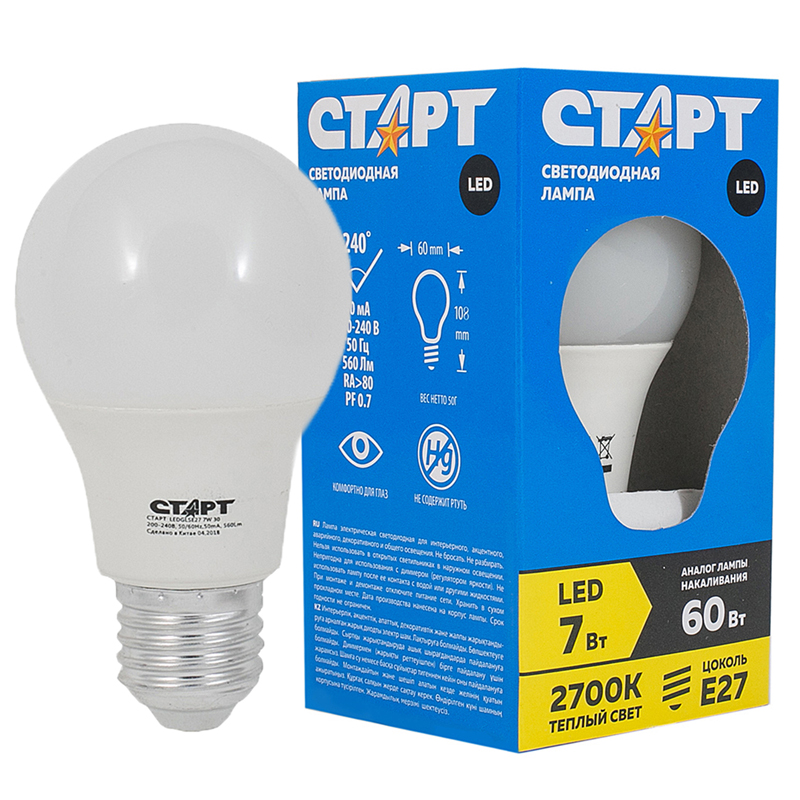 Лампа светодиодная Старт LED, серия "Стандарт"  7W27, тип А "груша", Е27, 2700К, теплый свет, 30000ч