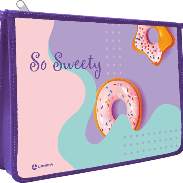 Папка для тетрадей Lamark So Sweety/Так мило, А4, 1 отд., молния сверху, лам.картон с объемным тиснением, рисунок с двух сторон