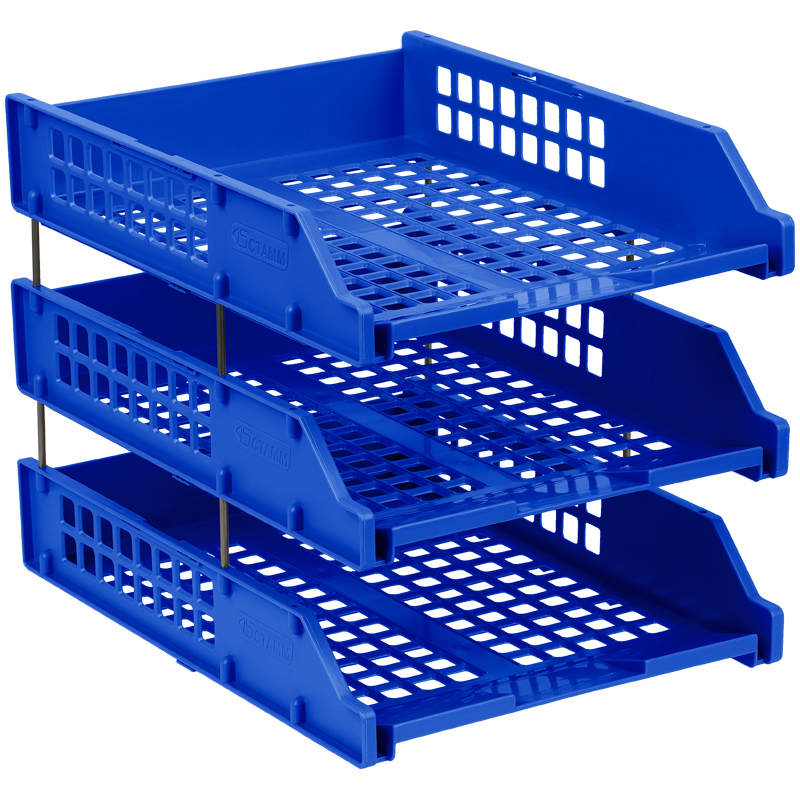 Лоток для бумаг горизонтальный СТАММ "Strong", набор 3шт., на метал. стержнях, синий