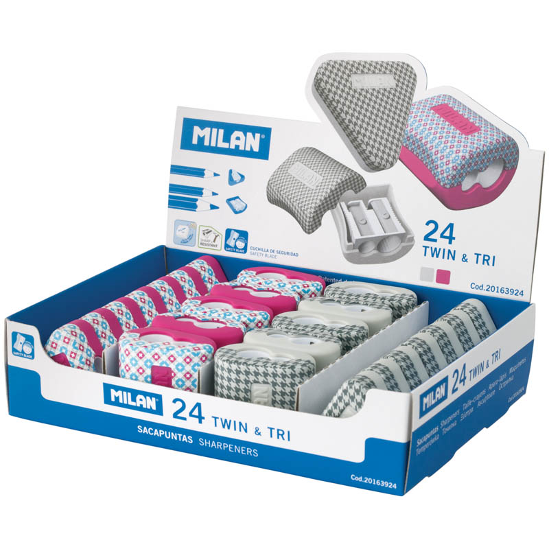 Набор пластиковых точилок Milan "Twin&Tri" (10 точилок*2 отвертия, 14 точилок*1 отверстие), дисплей