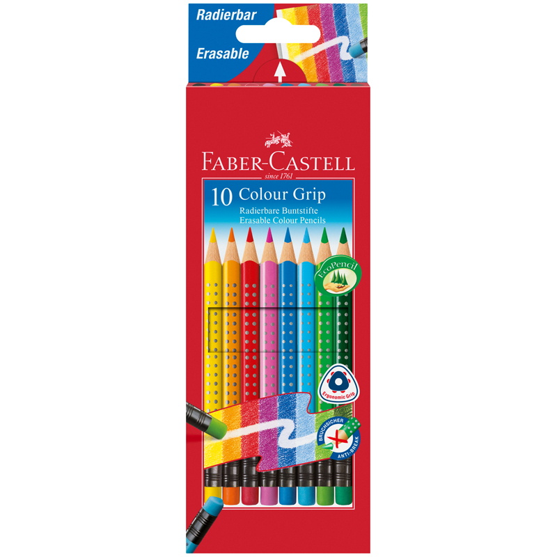 Карандаши цветные стираемые Faber-Castell "Grip", 10цв., заточен., картон, европодвес