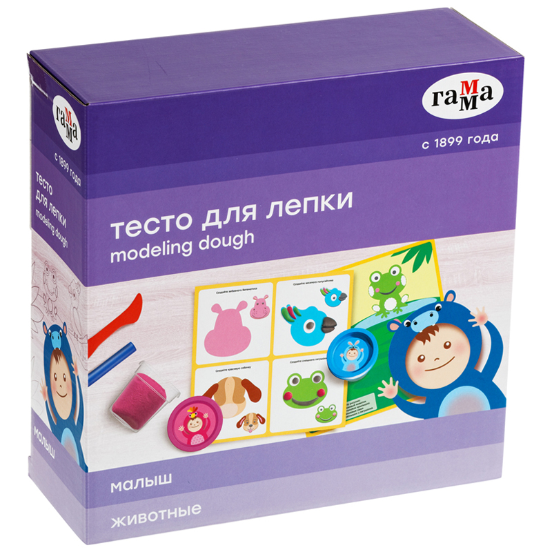 Тесто для лепки Гамма "Малыш", 05 цветов, 300г, карточка с животными, в подарочной коробке