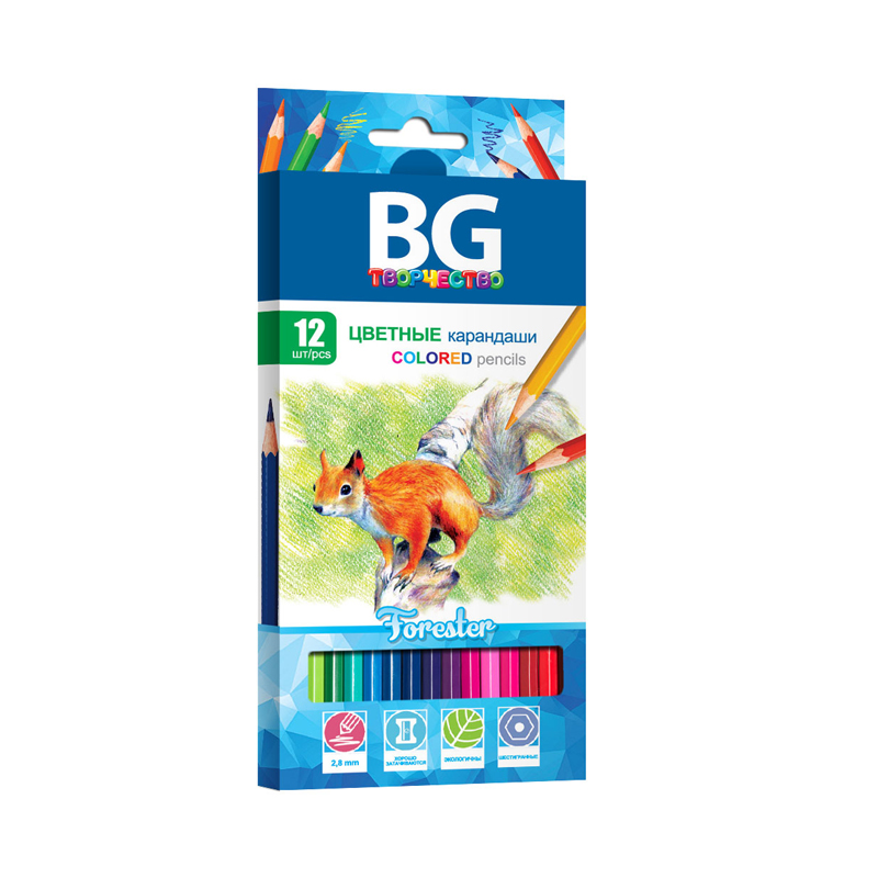Карандаши цветные BG "Forester", 12цв., шестигранные, 2,8мм., европодвес