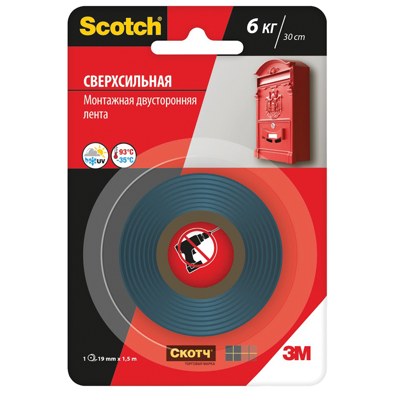 Клейкая лента двусторонняя Scotch, 19мм*1,5м, монтажная, на вспен. основе, сверхпрочная, блистер