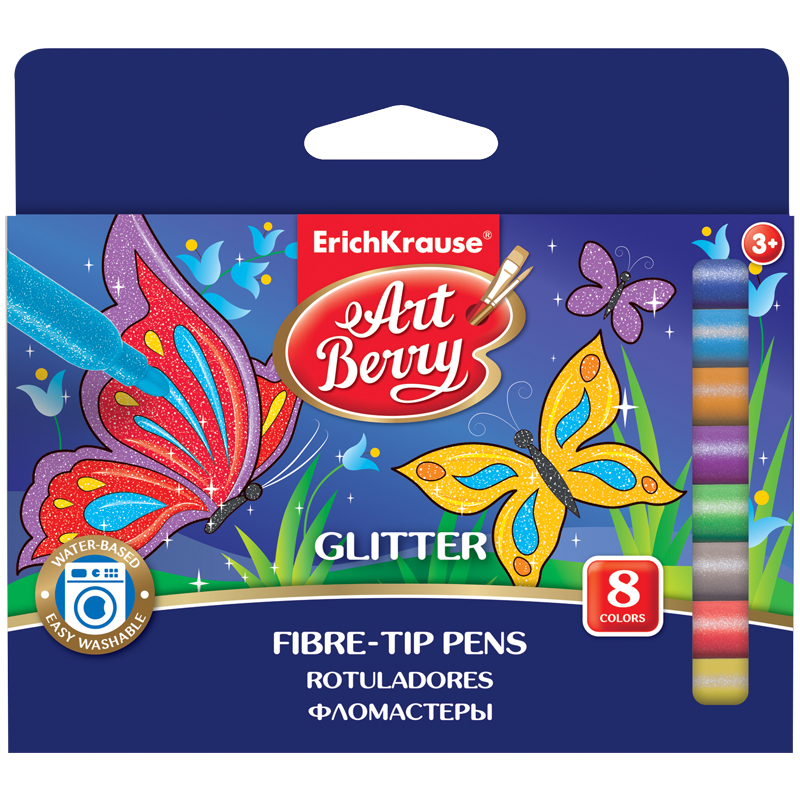 Фломастеры ArtBerry "Glitter Easy Washable", 08цв., блестки, смываемые, картон, европодвес