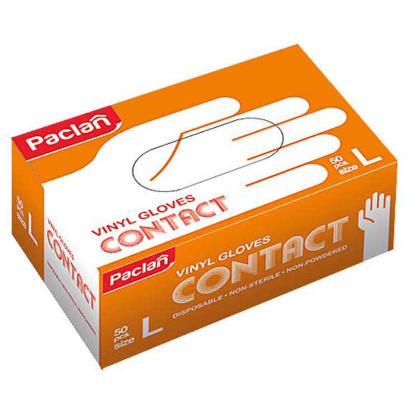 Перчатки виниловые Paclan "Contact" неопудренные L, 50шт., картон. коробка