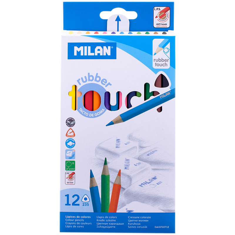 Карандаши Milan "235", 12цв., Rubber Touch, трехгран., заточен., картон, европодвес