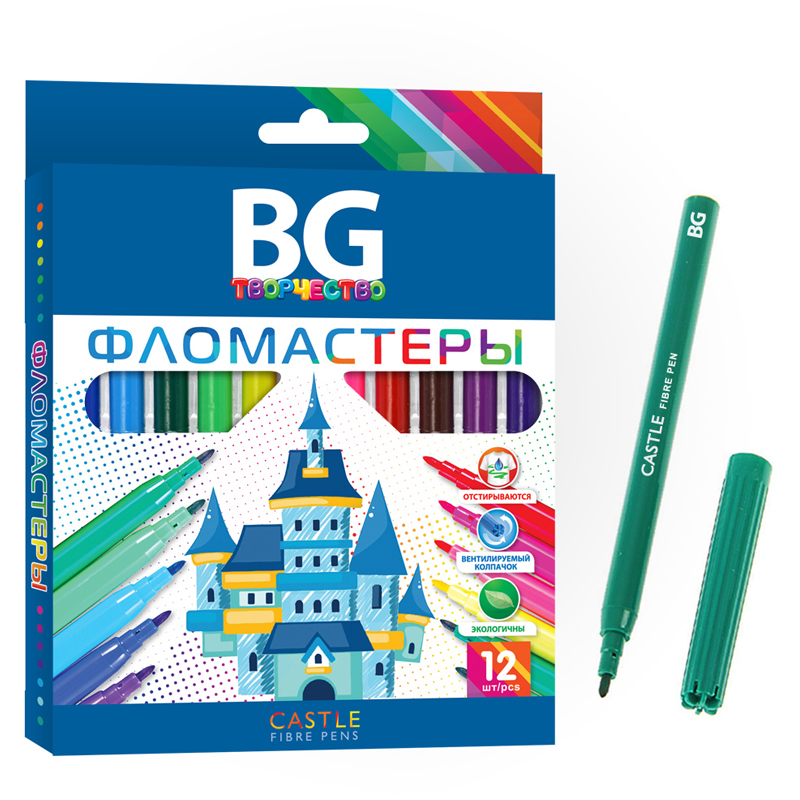 Фломастеры BG "Castle" 12цв., круглые, 2,2мм, ПВХ, европодвес