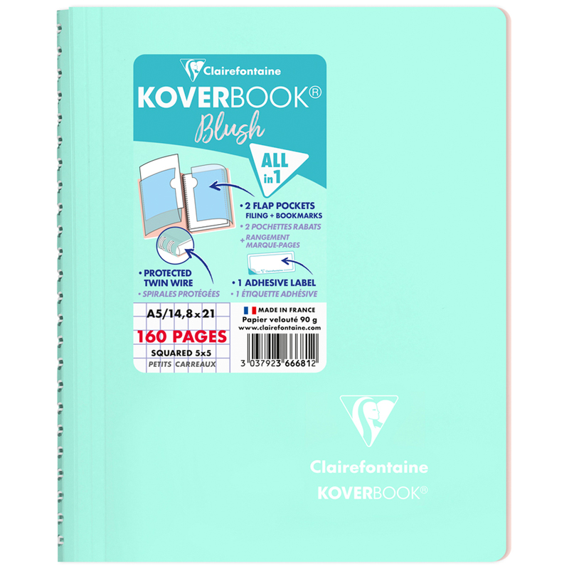 Тетрадь 80л., А5, клетка на гребне Clairefontaine "Koverbook Blush", пластиковая обложка, мятная, 90г/м2