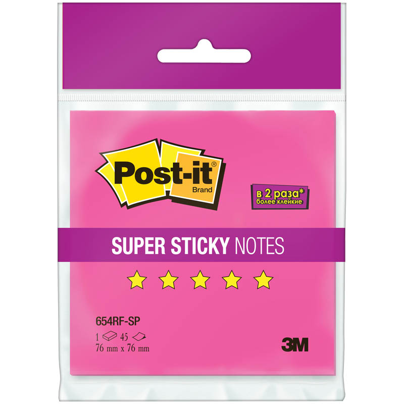 Самоклеящийся блок Super Sticky 76*76 мм, 45 л, розовый неон, европодвес