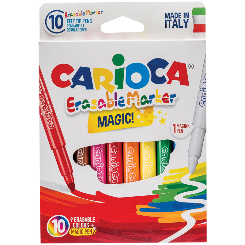 Фломастеры стираемые Carioca "Erasable", 9цв+1 стиратель, 10шт., смываемые, картон, европодвес