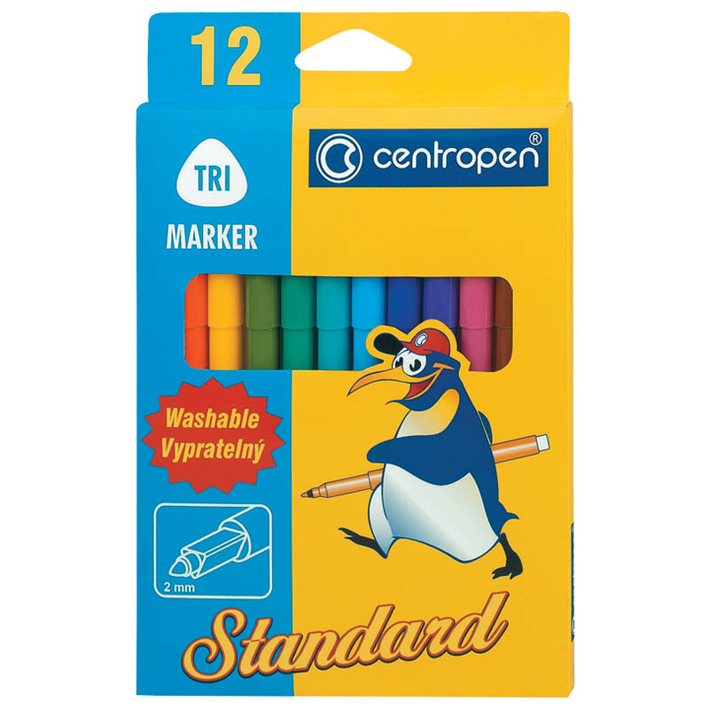 Фломастеры Centropen "Standard", 12цв., трехгранные, смываемые, картон, европодвес