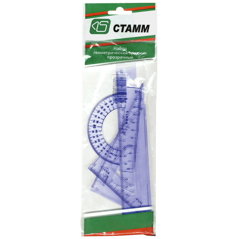 Набор чертежный средний СТАММ, (треуг. 2шт., линейка 20см, транспортир), прозрачный тонированный
