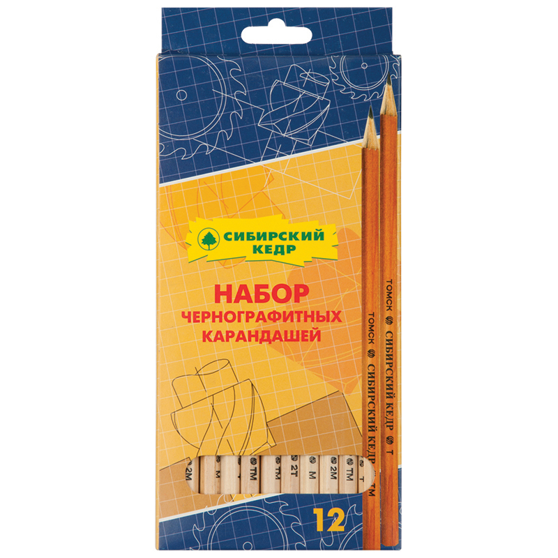 Набор карандашей ч/г Сибирский кедр, 12шт., 2Т-2М, заточен., картон. упак., европодвес