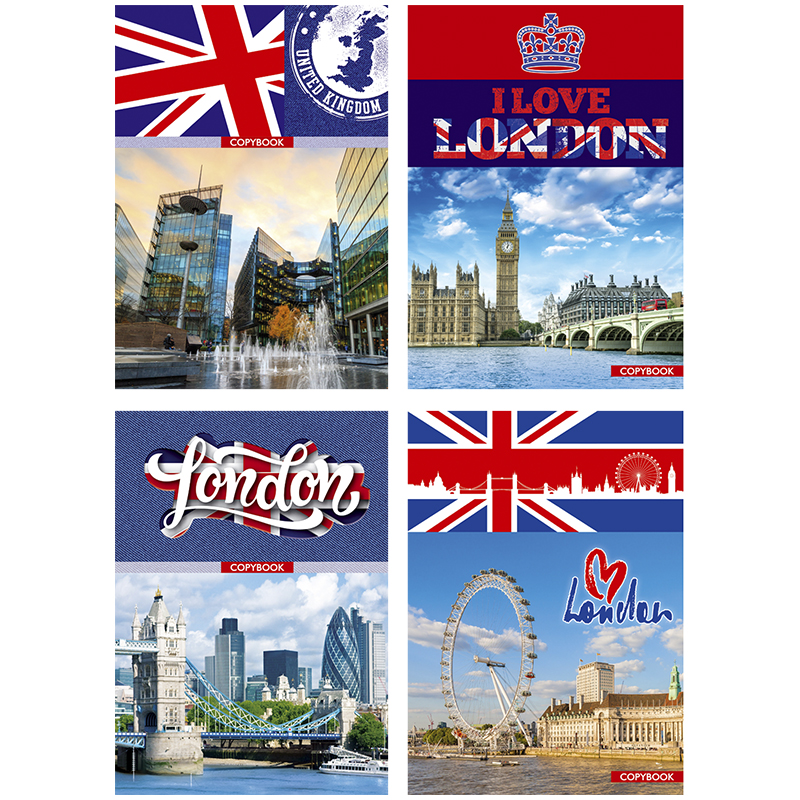 Тетрадь 100л. А4 клетка на гребне "Great Britain", твердая обложка, матовая ламинация,выборочный лак