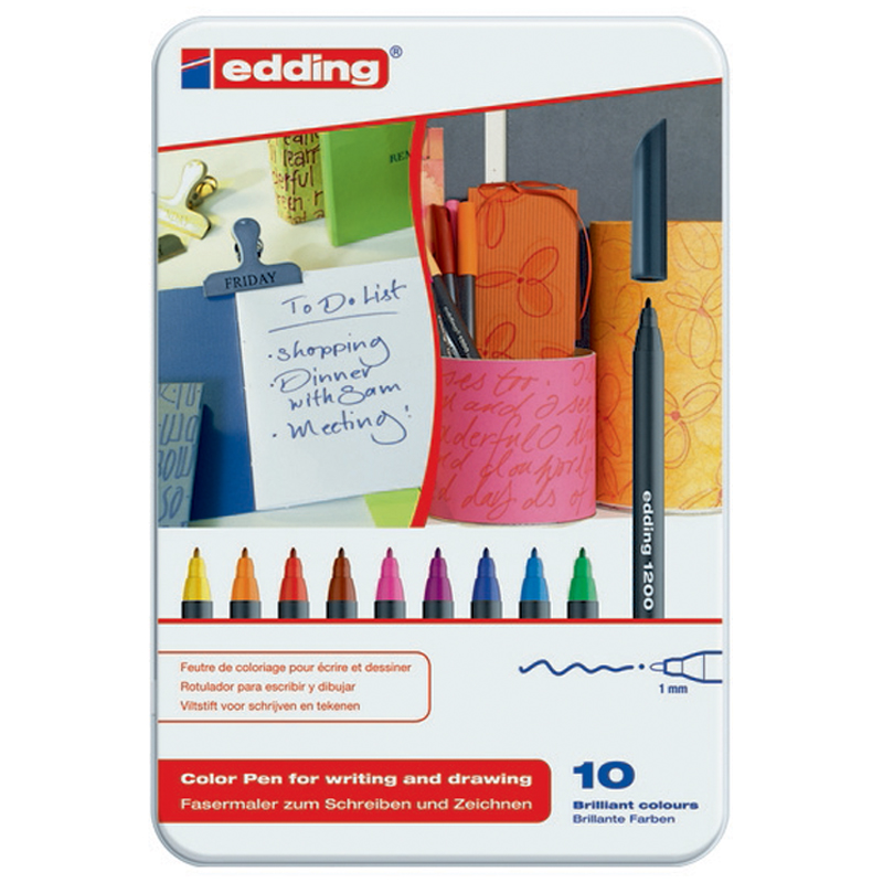 Фломастеры Edding "1200/10S" 10цв., 1,0мм, металлическая коробка