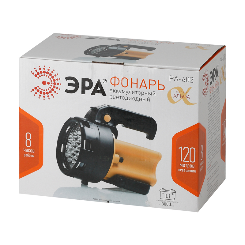 Фонарь-прожектор Эра PA-602, светодиодный аккумуляторный 19*LED, ЗУ 220V+12V