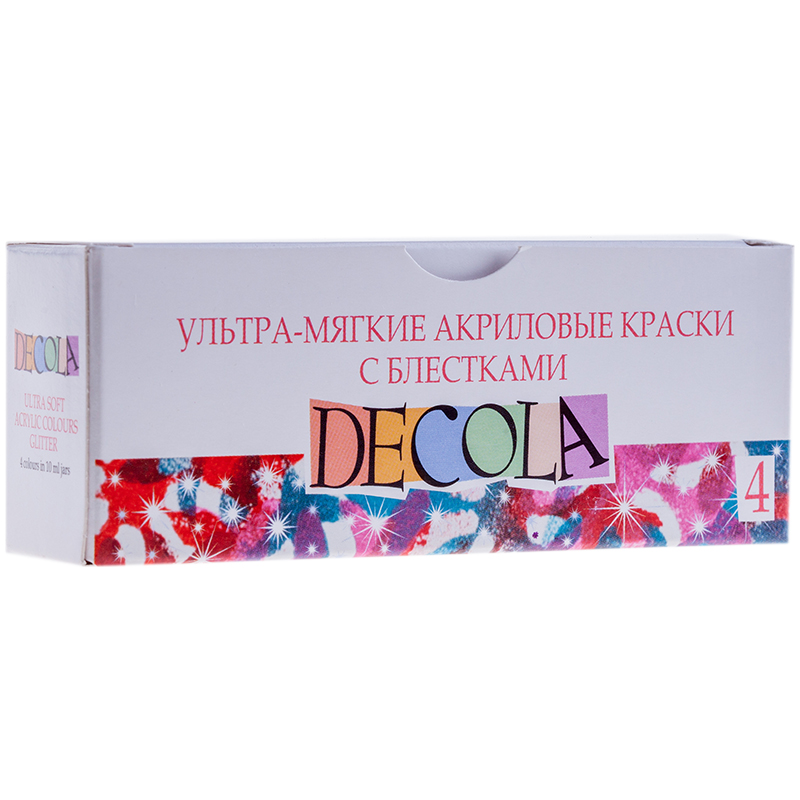 Краски акриловые Decola, 04 цвета, ультра-мягкие с блестками, 10мл, картон