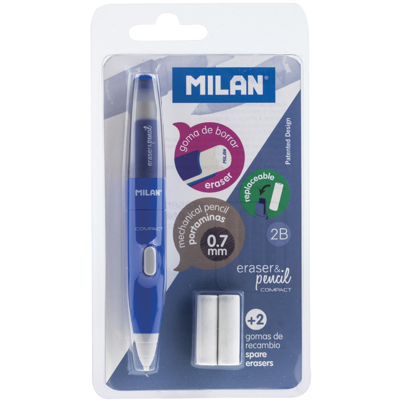 Карандаш механический Milan "Compact" 2B, 0,7мм, софттач + 2 ластика, блистер