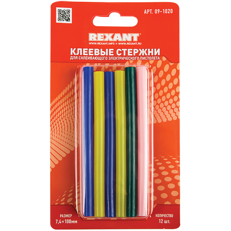Клеевые стержни Rexant, диаметр 7мм, длина 100мм, цветные, набор 12шт., блистер