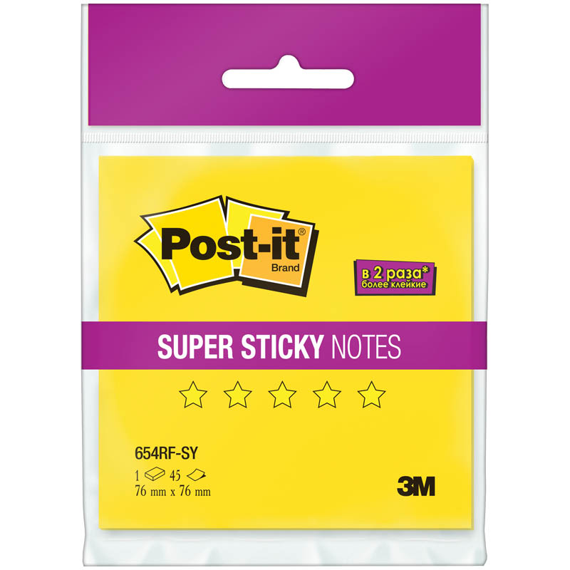 Самоклеящийся блок Super Sticky 76*76 мм, 45 л, желтый неон, европодвес