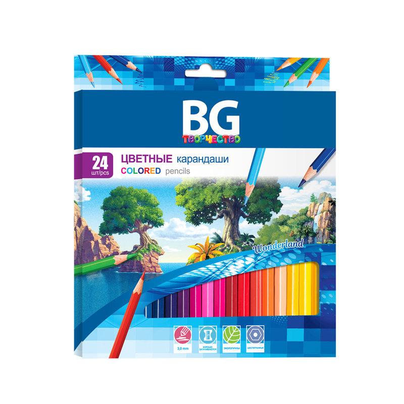 Карандаши цветные BG "Wonderland", 24цв., шестигранные, 3,0мм, европодвес