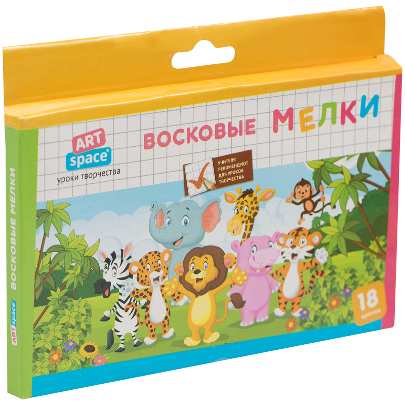 Мелки восковые ArtSpace "Зверята", 18цв., круглые, картон, европодвес