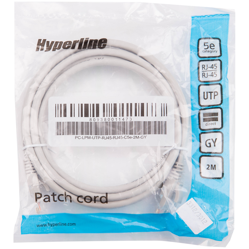 Патч-корд Hyperline PC-LMP-UTP-RJ45-RJ45-C5e-2M-GY UTP, Cat.5e, 2 м, серый