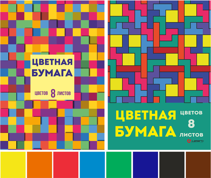 Набор цветной бумаги немелованной  А4, 8 листов 8 цветов, Lamark "Калейдоскоп",  в папке, односторонняя, 2 дизайна в коробке