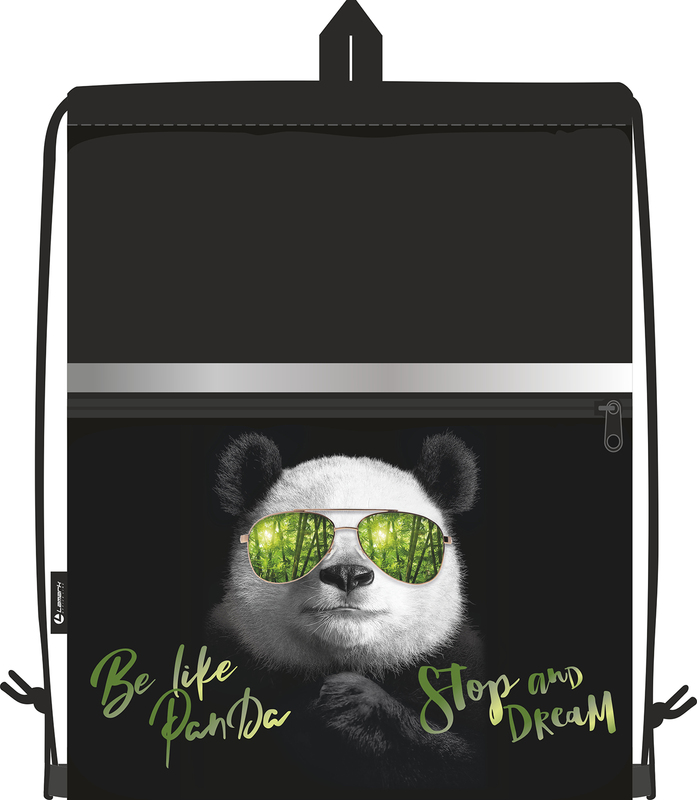 Сумка для сменной обуви Lamark Panda/Панда, 33х42 см, на шнурке, карман на молнии, полноцв. печать на кармане, светоотр. лента, ручка-петля