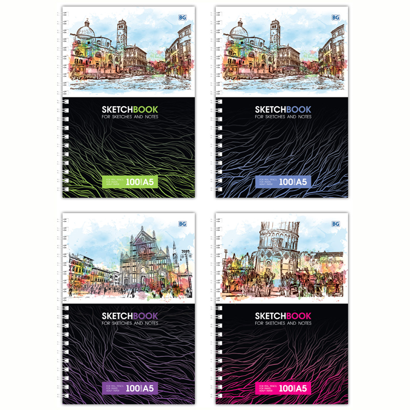 Скетчбук-тетрадь 100л. А5 на гребне BG "City sketch", 80г/м2, тв. обл., мат.ламинация, розовый блок