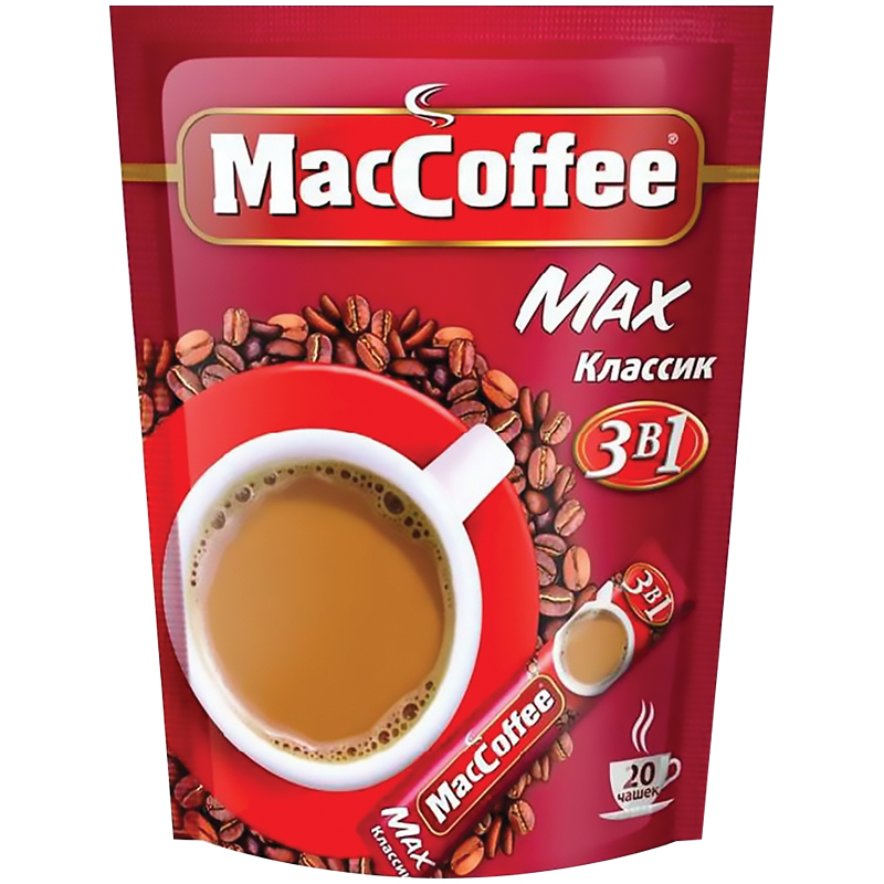 Кофе растворимый MacCoffee "Max. Классик" 3 в 1, порционный, 20 пакетиков*16г, пакет