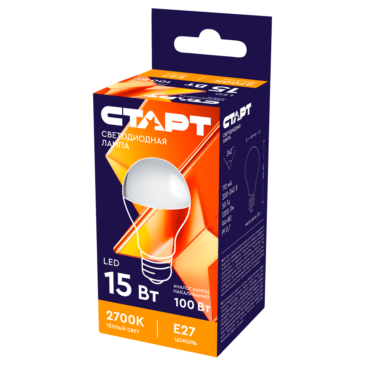 Лампа светодиодная Старт LED, серия "WS" 15W30, тип А "груша", E27, 2700К, теплый свет, 25000ч