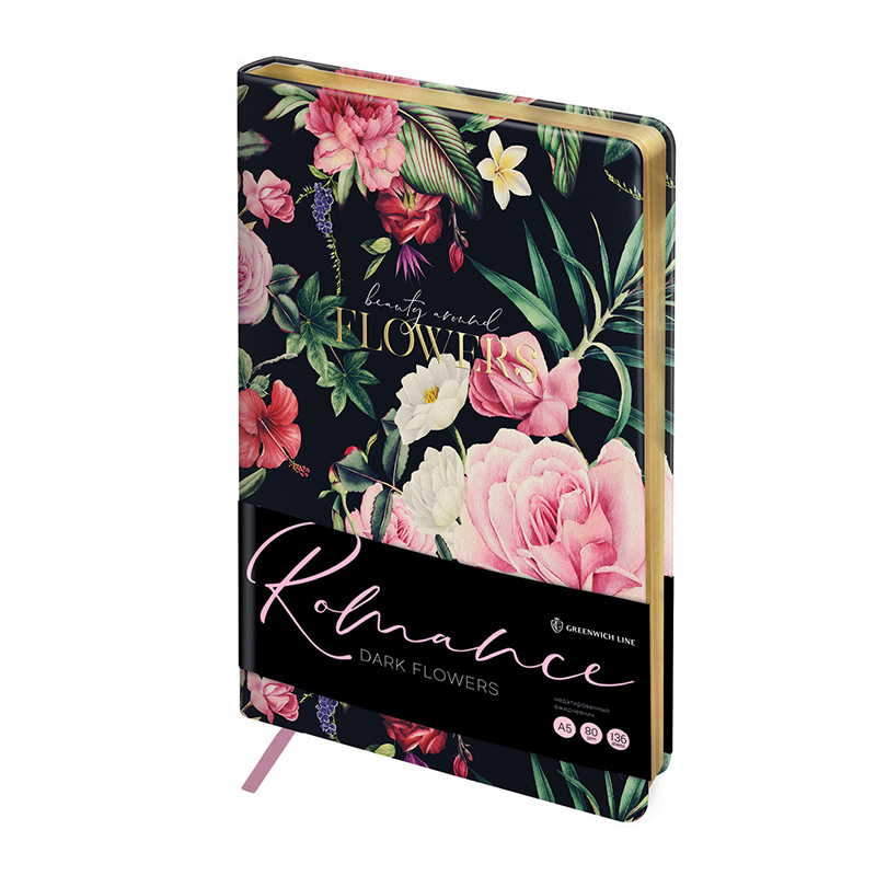 Ежедневник недатир. А5, 136л., кожзам, Greenwich Line "Romance. Dark flowers", тон. блок, зол. срез