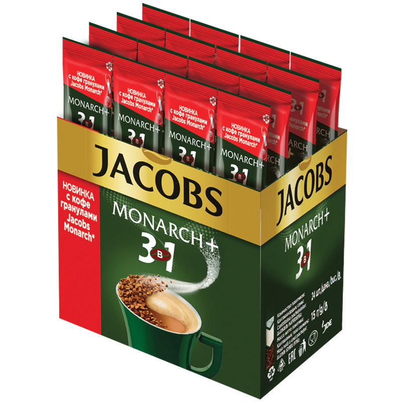 Кофе растворимый Jacobs "Monarch", 3 в 1, гранулированный, порционный, 24 пакетика*15г, картон. бокс