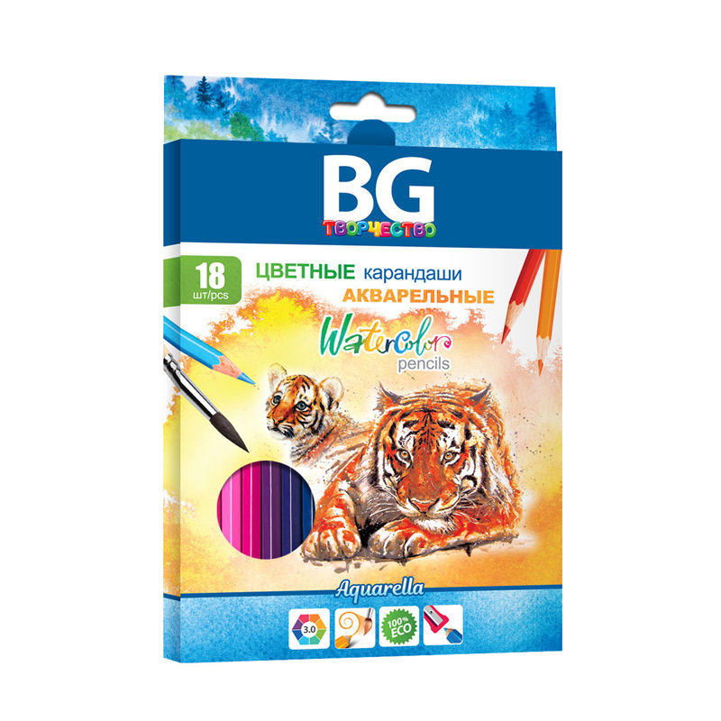 Карандаши акварельные BG "Aquarella", 18цв., шестигранные, заточен., европодвес