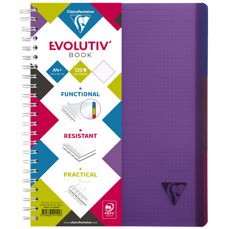 Бизнес-тетрадь 120л., А4+, клетка на гребне Clairefontaine "Evolutiv'Book", пластик. обложка, фиолетовая, 90г/м2