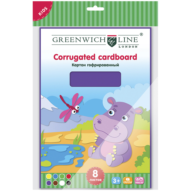 Картон цветной гофрированный A4, Greenwich Line, 8л., 8цв., в пакете с европодвесом