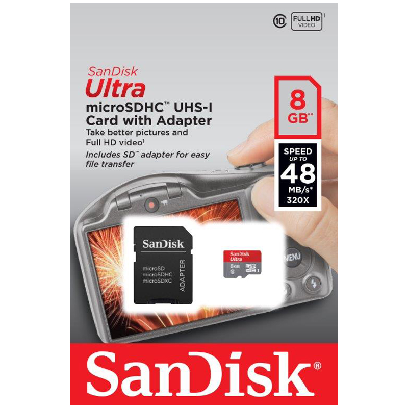 Карта памяти SanDisk MicroSDHC Ultra  8GB, Class 10, скорость чтения 48Мб/сек (с адаптером SD)
