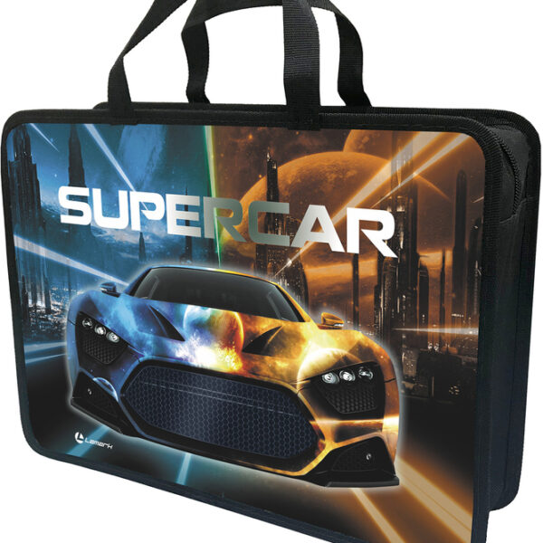 Папка-портфель Lamark Supercar (Суперкар), A4, 1 отд., 34х24,5х7 см, на молнии, с ручками, печать по пластику с двух сторон