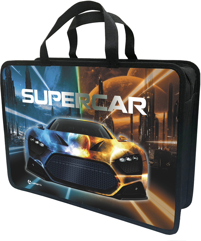 Папка-портфель Lamark Supercar (Суперкар), A4, 1 отд., 34х24,5х7 см, на молнии, с ручками, печать по пластику с двух сторон
