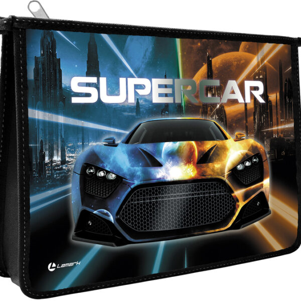 Папка для тетрадей Lamark Supercar/Суперкар, А4, 1 отд., молния сверху, лам. картон с объемным тиснением, рисунок с двух сторон