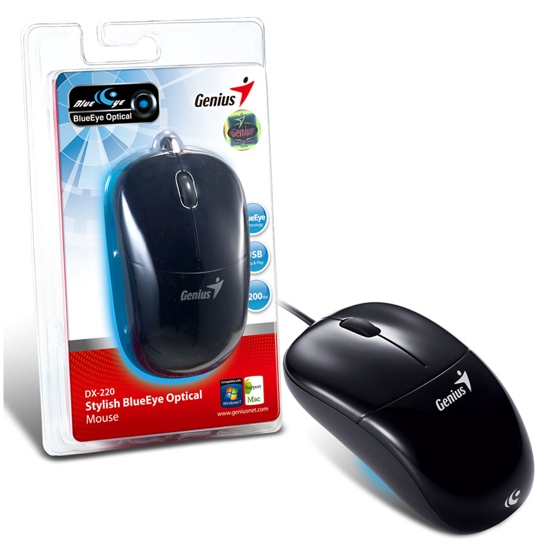 Мышь Genius DX-220 (3 кнопки), оптическая BlueEye, 1200 dpi, 3 кнопки, USB, black, Blister